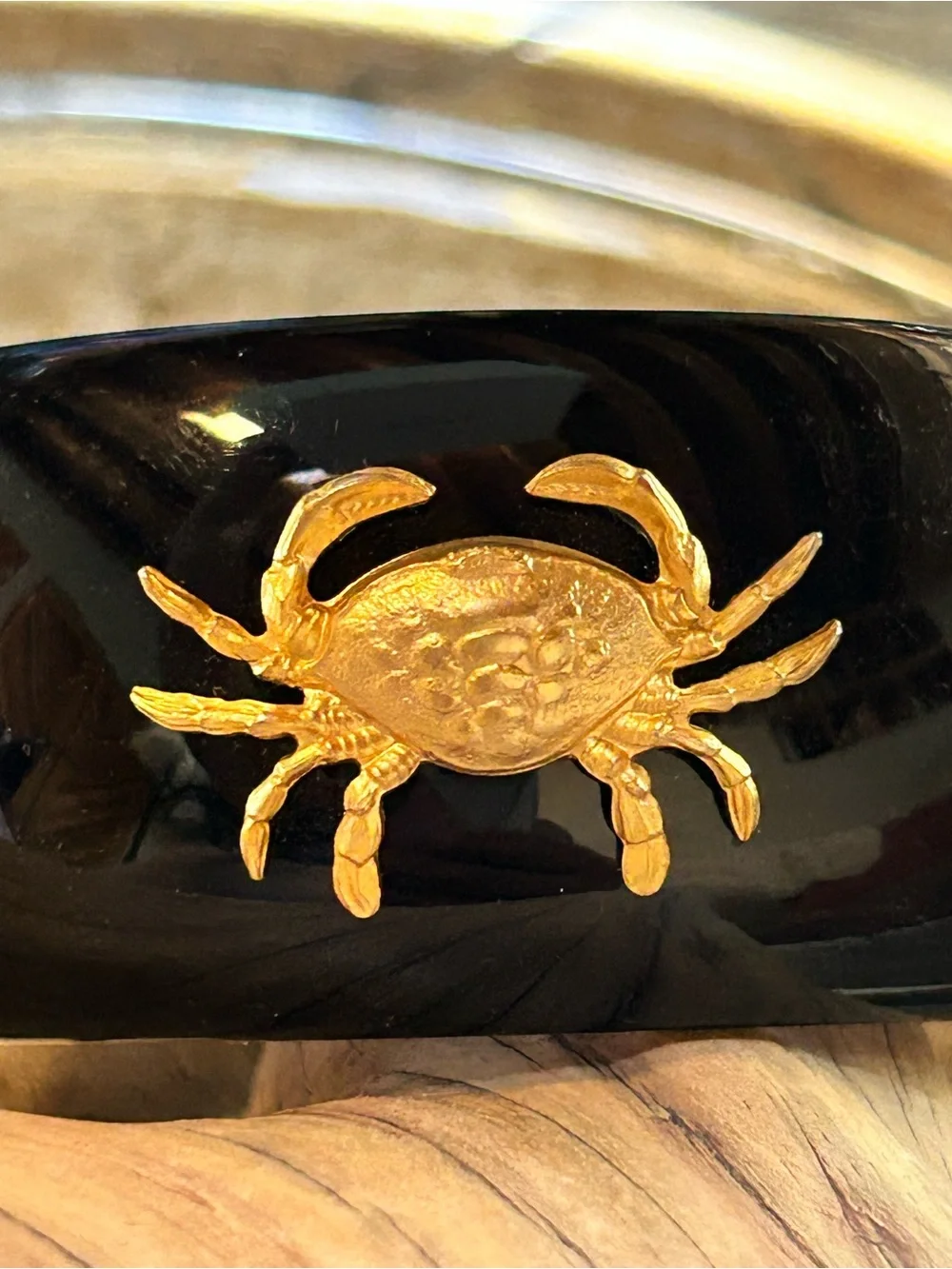 Rare Black Resin Bracelet with Gold Crab Accent Nautical Appeal - Cancer Zodiac
